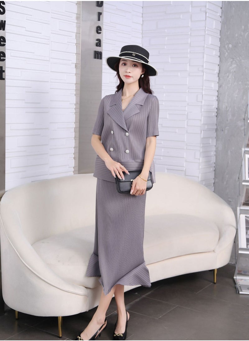 Shougu Pleated Short Sleeved Suit Skirt Set  - Image 3