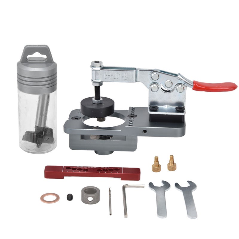 Hinge Jig Adjustable Woodworking Hole Puncher Opener Drilling Guide Locator Hand Tool 35mm Gray - Image 1