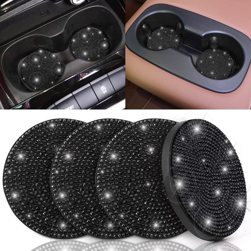 ToBeQueen Black Bling Car Cup Coasters, 4 Pack Crystal Rhinestone Bling Car Coaster Universal 2.75 Inch Anti-Slip Shockproof Car Cupholder Coaster Insert Auto Interior Accessories for Women, Black - Image 1