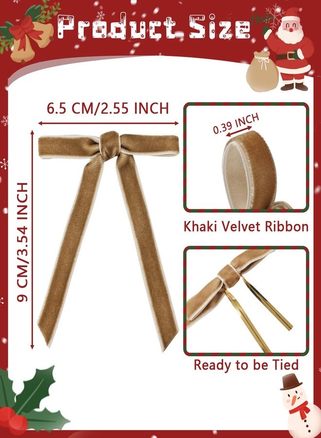 ALKB 24 Pcs Vintage Khaki Velvet Christmas Tree Bows - 2/5" Wide 2.55×3.54 Inch Door Garland Wreath Decor - Image 2
