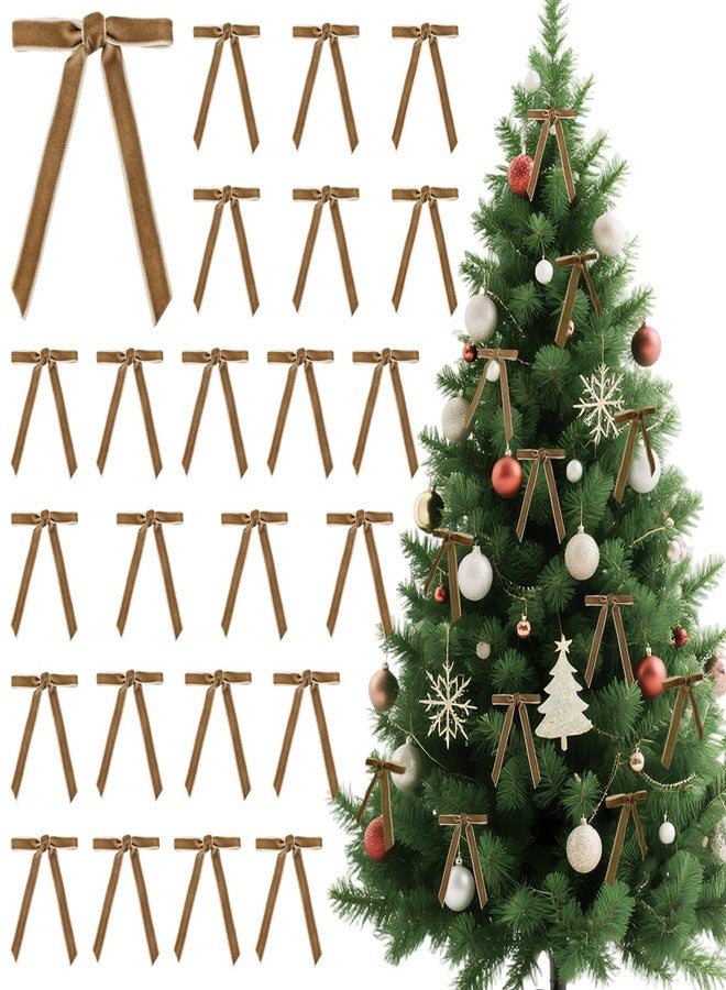 ALKB 24 Pcs Vintage Khaki Velvet Christmas Tree Bows - 2/5" Wide 2.55×3.54 Inch Door Garland Wreath Decor - Image 1