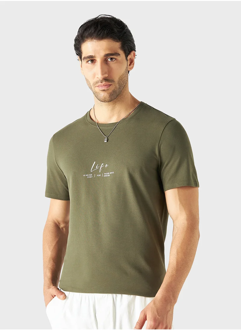 ايكونيك Iconic Slogan Print Crew Neck T-shirt with Short S