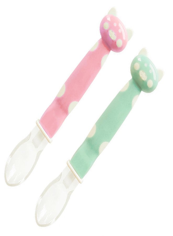 Mopslik Soft Silicone Gel Tip Baby Infant Feeding Training Cartoon Animal Spoon Pack of 2 (Pink Green) - Image 1