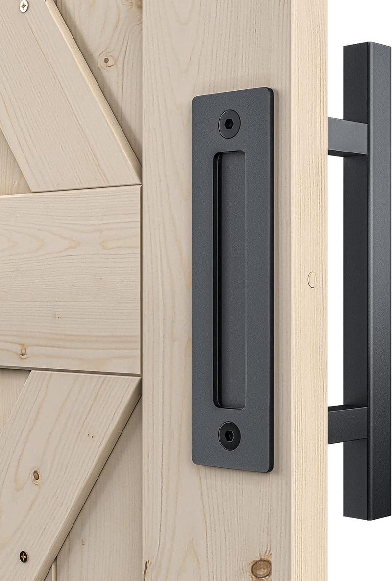 SMARTSTANDARD Heavy Duty 12" Pull and Flush Barn Door Handle Set, Large Rustic Two-Side Design, for Gates Garages Sheds Furniture, Solid Steel, Square, Black - Image 1