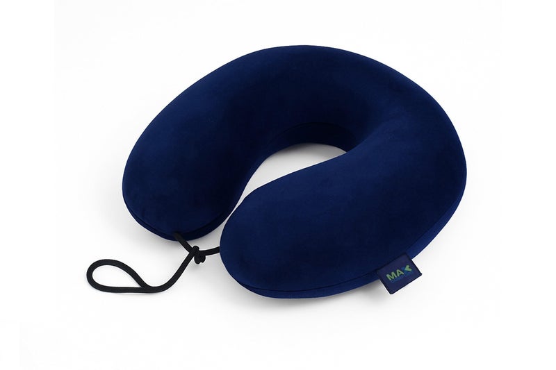 Max Comfort Medical Neck Pillow for Travel – Premium American Memory Foam for Neck & Vertebra Pain Relief During Flight & Trip – Navy Blue - Image 1