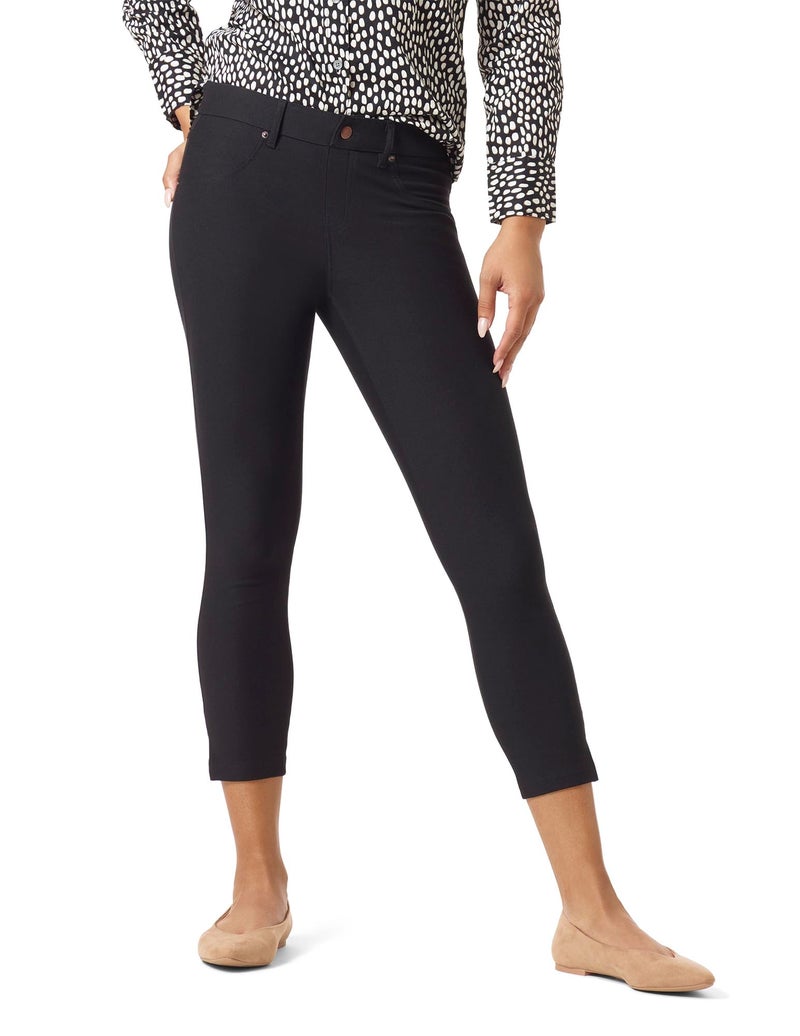 HUE Women's Essential Denim Capri Leggings with Pockets and Side Slits, Comfortable Pull On Pants, Black, Medium - Image 1