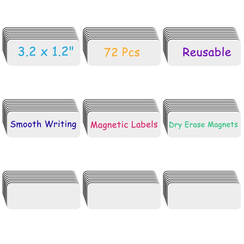 Prudiut 72 Pcs Dry Erase Magnetic Labels, 3.2x1.2 White Magnets Name Tags Label Stickers for Whiteboard, Refrigerator, Locker Classroom Office Home - Image 1