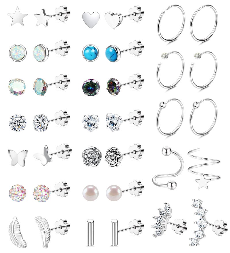 Staligue 21 Pairs Surgical Steel Earrings Set for Women Men Hypoallergenic 20G Flat Back Stud Earrings Small Cz Heart Star Moon Stainless Steel Stud Hoops Earrings Cartilage Sleeper Earrings for Women Men - Image 1
