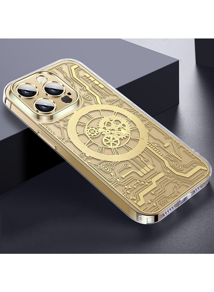 Color Fans MagSafe Magnetic Case for iPhone 14 Pro Punk Mechanical Transparent Gold Phone Case - Image 1