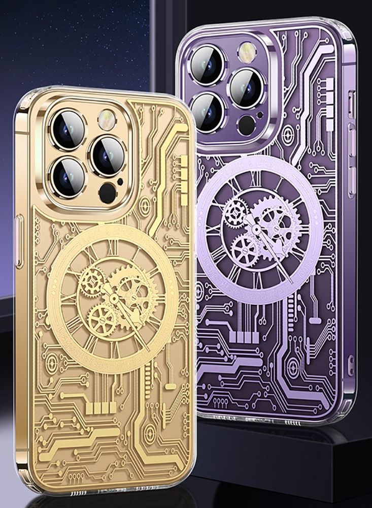 Color Fans MagSafe Magnetic Case for iPhone 14 Pro Punk Mechanical Transparent Gold Phone Case - Image 3