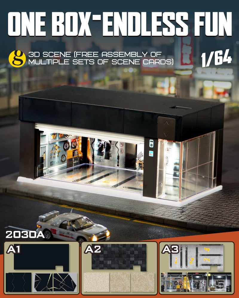 MOCBURIKU 1/64 Scale Diecast Display Case for Hot Wheel Storage with LED Lights, Stackable Electric Garage with Voice Control, 3 Replaceable 3D Scenes Parking Lot Diorama for Model Cars (Black) - Image 3
