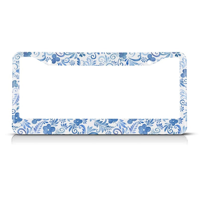 Beabes Retro Boho Flower License Plate Frame Blue Floral Folk Car Frames License Plates Holder Paisley License Plate Aluminum Metal Frames for Women Men Auto Decoration - Image 3