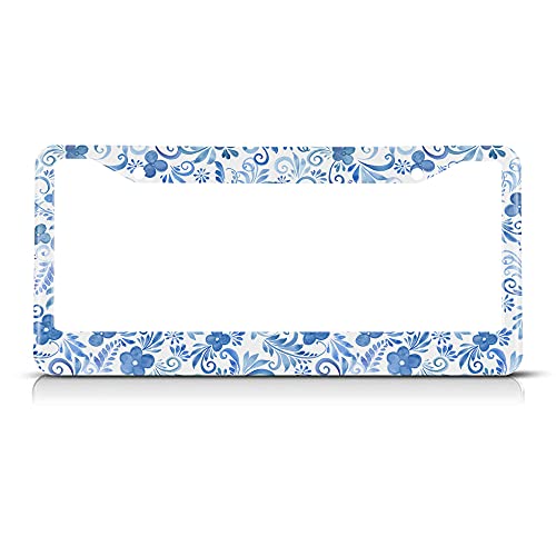 Beabes Retro Boho Flower License Plate Frame Blue Floral Folk Car Frames License Plates Holder Paisley License Plate Aluminum Metal Frames for Women Men Auto Decoration - Image 1