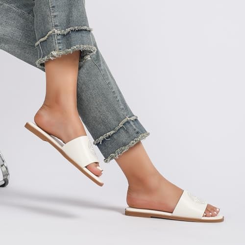 Stratuxx Kaze Womens Flat Sandals Dressy Summer Slide with Memory Foam Comfortable Cute Leather White Sandals for Women - Image 4