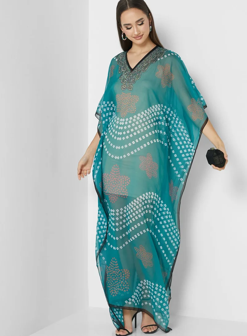 ARABIAN CLOSET Lace Detail Printed Kaftan