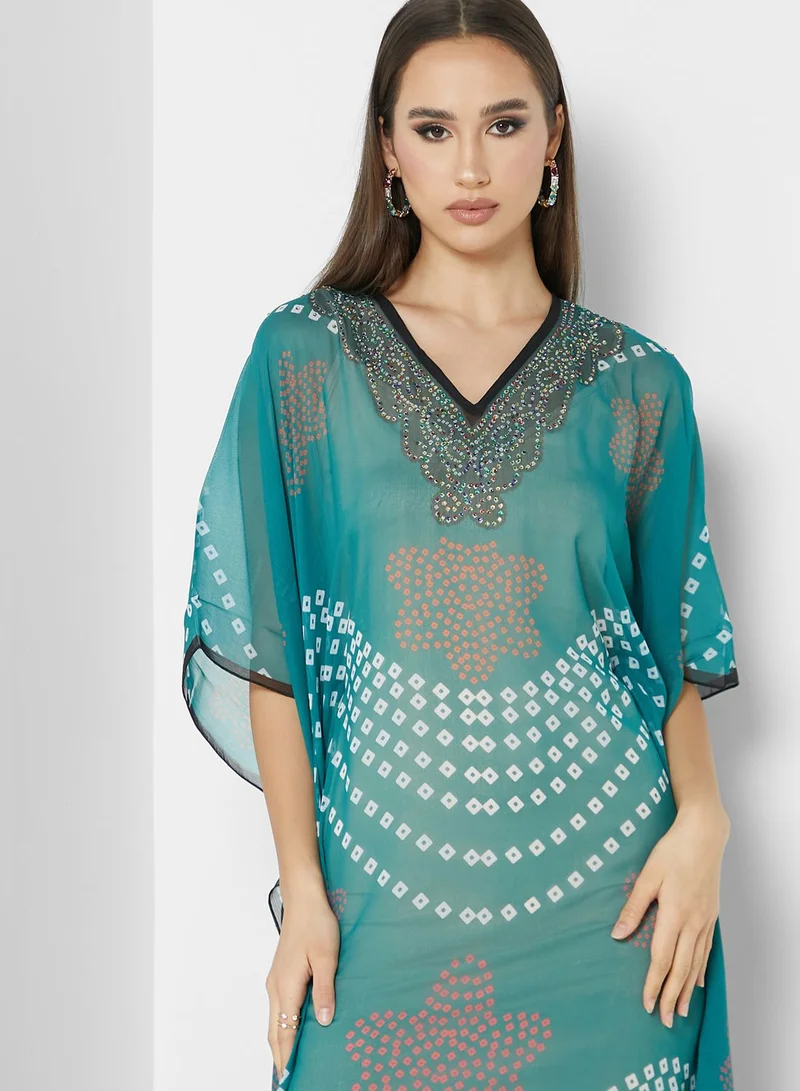 ARABIAN CLOSET Lace Detail Printed Kaftan