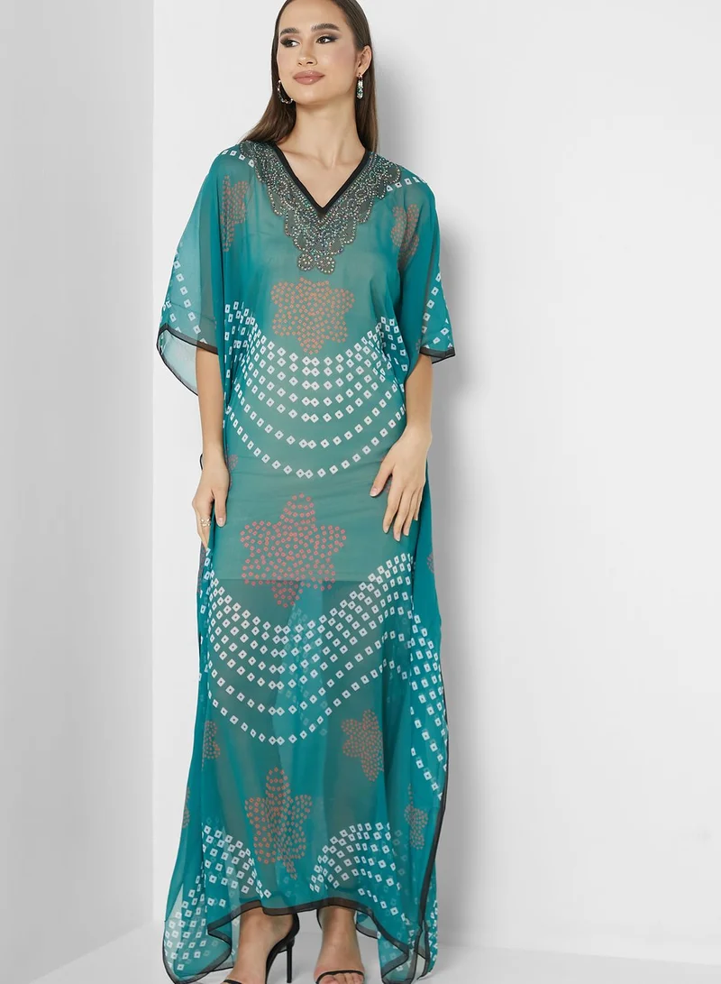 ARABIAN CLOSET Lace Detail Printed Kaftan