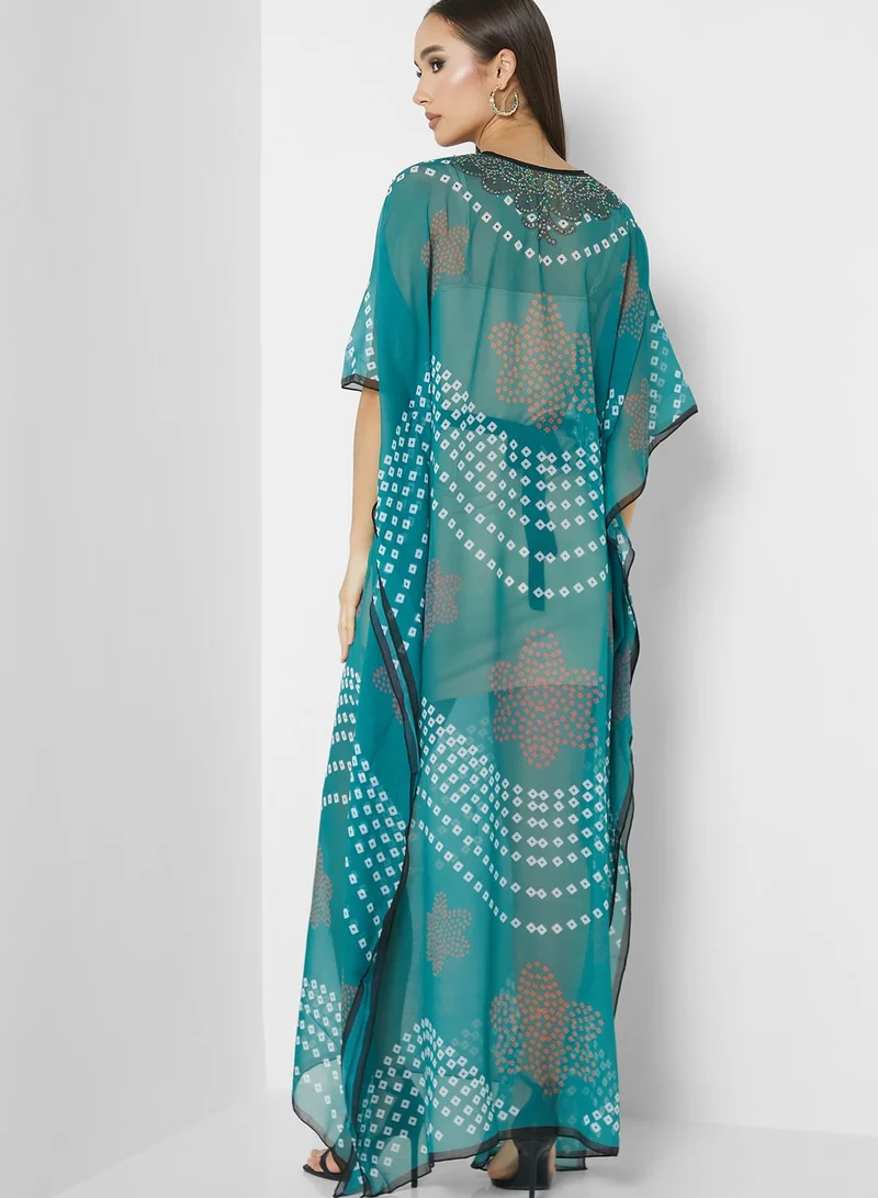 ARABIAN CLOSET Lace Detail Printed Kaftan