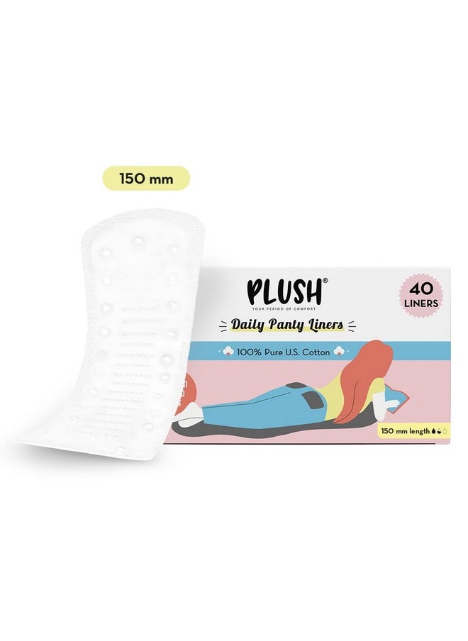 Plush - Ultra Thin Panty Liners For Women Daily Use, 40 Liners 150Mm | Pure Us Cotton Liner Pads For Rash Free Periods | Soft Cotton Surface For Comfort On Non-Period Days | No Toxins & Paraben Free - Image 1