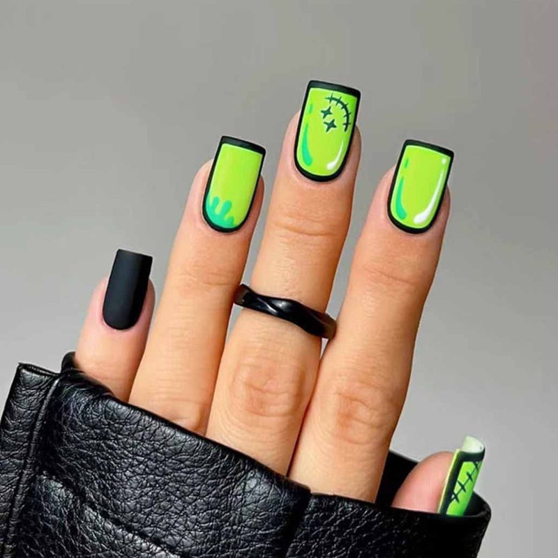 Foccna Comic Press on Nails Medium, Acrylic Fake Nails Square Cartoon False Nails Green,Artificial Nails for Women and Girls- 24 pcs - Image 1