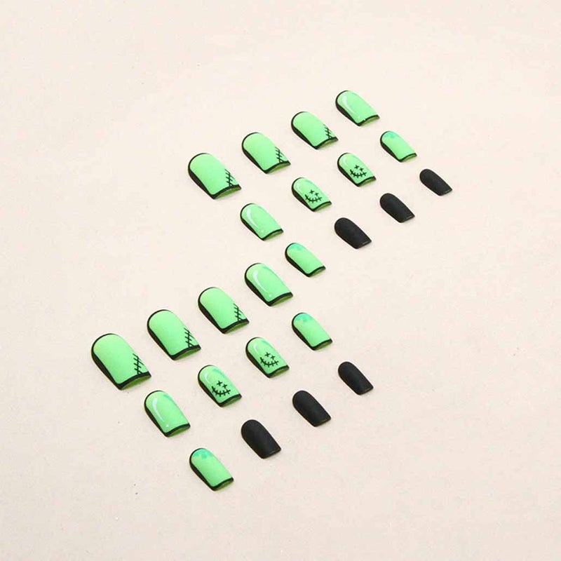 Foccna Comic Press on Nails Medium, Acrylic Fake Nails Square Cartoon False Nails Green,Artificial Nails for Women and Girls- 24 pcs - Image 2