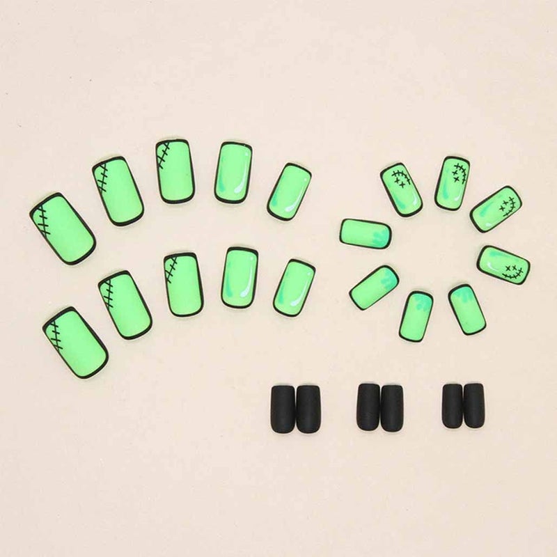 Foccna Comic Press on Nails Medium, Acrylic Fake Nails Square Cartoon False Nails Green,Artificial Nails for Women and Girls- 24 pcs - Image 3