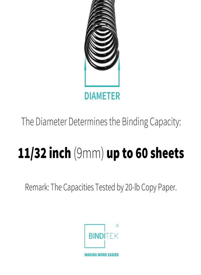 Binditek 100 Pack Plastic Spiral Binding Coils, 9mm (11/32"), 60 Sheet Capacity, 4:1 Pitch, Black, 48Loops, for Letter Size, for Students and Coworkers - Image 2