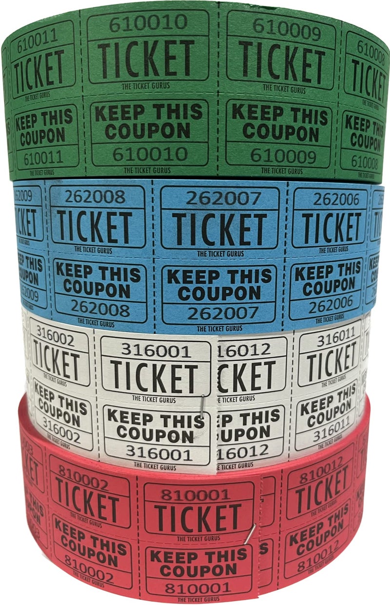 The Ticket Gurus Raffle Tickets - (4 Rolls of 2000 Double Tickets) 8,000 Total 50/50 Raffle Tickets (Blue/Green/Red/White) … - Image 1