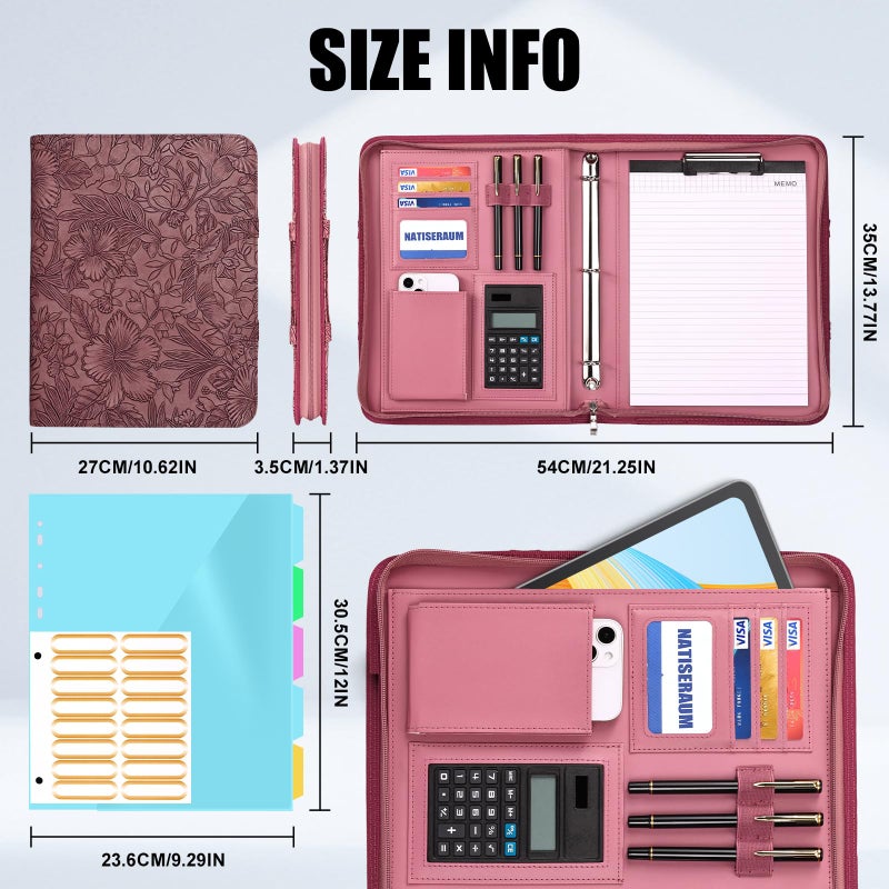 NATISERAUM Portfolio Binder 3 Ring Includes Pen and 5 Dividers with 10 Pockets, Padfolio Organizer with Zipper for Men and Women, Includes A4 Notepad for Business, School, Work - Image 4