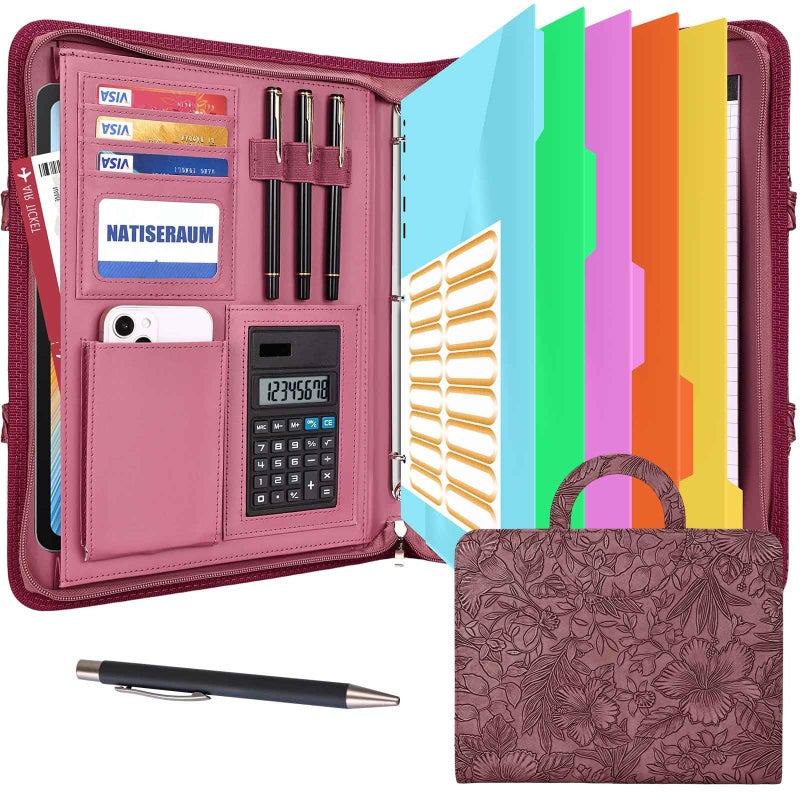 NATISERAUM Portfolio Binder 3 Ring Includes Pen and 5 Dividers with 10 Pockets, Padfolio Organizer with Zipper for Men and Women, Includes A4 Notepad for Business, School, Work - Image 1