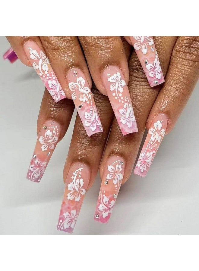 Tyemp Flower Press On Nails Square, Pink Hibiscus Fake Nails Long Press On Pink White Hibiscus Nail Tips Full Cover False Nails With Hawaiian Flower Design Summer Acrylic Nails Kit For Women Girls 24Pcs - Image 1