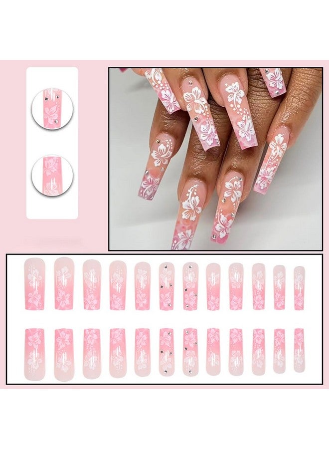 Tyemp Flower Press On Nails Square, Pink Hibiscus Fake Nails Long Press On Pink White Hibiscus Nail Tips Full Cover False Nails With Hawaiian Flower Design Summer Acrylic Nails Kit For Women Girls 24Pcs - Image 3