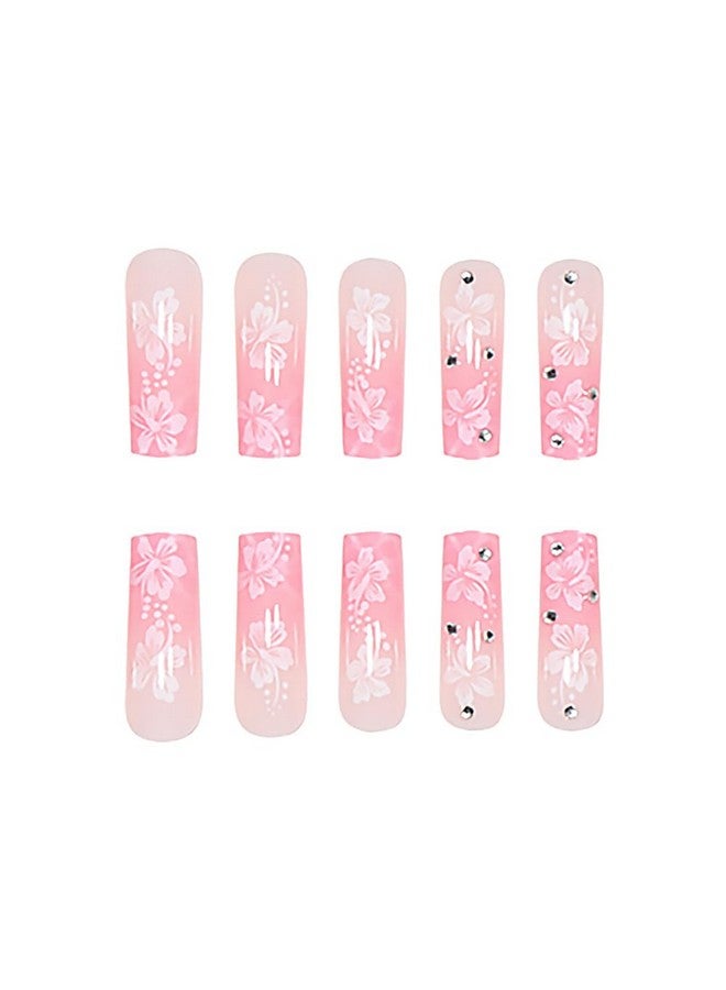 Tyemp Flower Press On Nails Square, Pink Hibiscus Fake Nails Long Press On Pink White Hibiscus Nail Tips Full Cover False Nails With Hawaiian Flower Design Summer Acrylic Nails Kit For Women Girls 24Pcs - Image 2