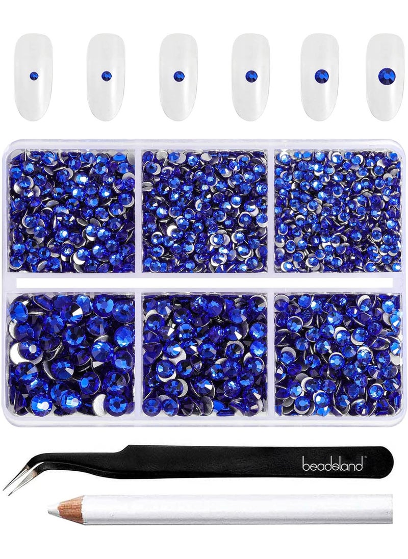 BEADSLAND Beadsland 4300pcs Flatback Rhinestones,Royal Blue Rhinestones Nail Gems Round Crystal Rhinestones for Crafts,Mixed 6 Sizes with Picking Tweezers and Wax Pencil Kit, SS6-SS20,Sapphire 