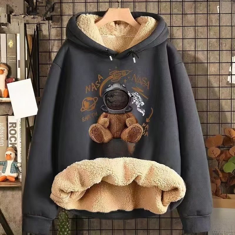 Mens Fleece Hoodie Autumn Winter Casual Loose Warm Oversized E44 Orange  - Image 4