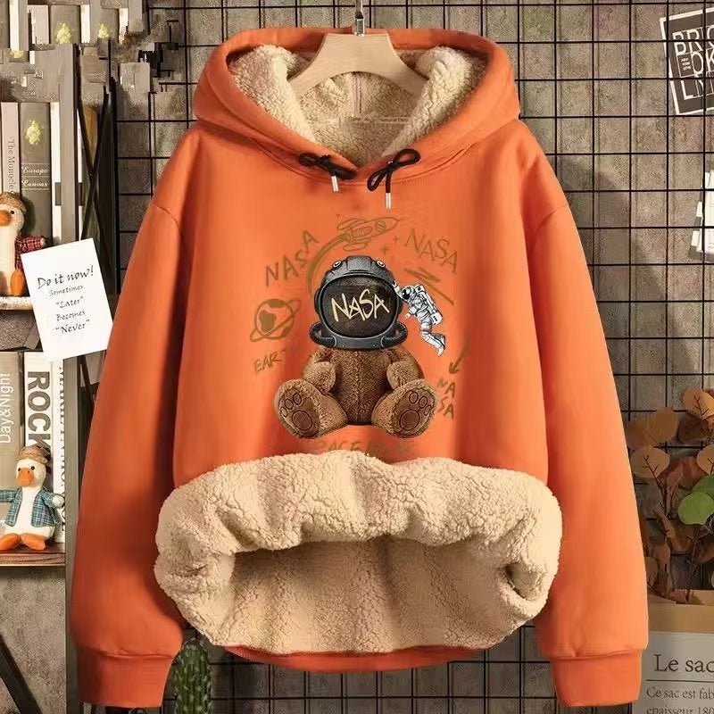 Mens Fleece Hoodie Autumn Winter Casual Loose Warm Oversized E44 Orange  - Image 1