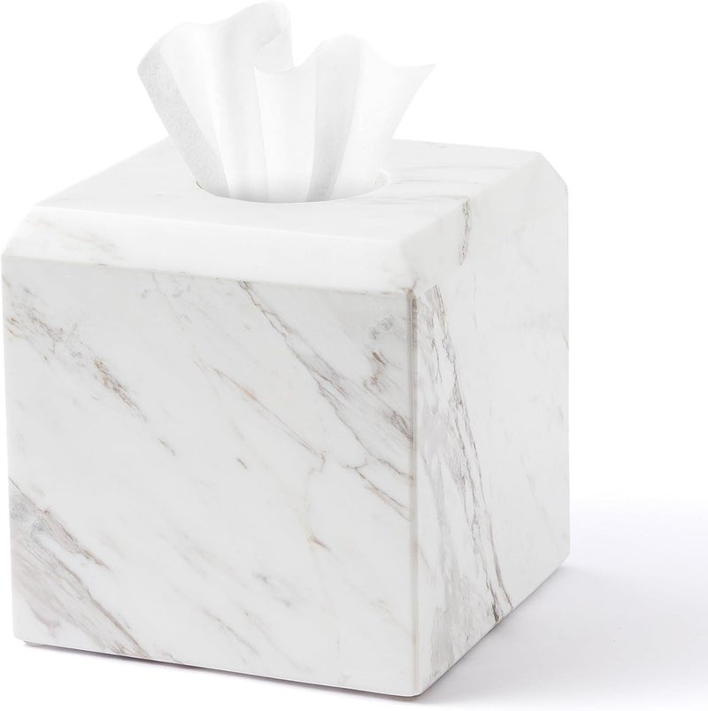 WORHE Tissue Box Cover Italy Natural Marble Heavy Duty Square Facial Toilet Paper Holder for Bathroom Living Room Bedroom Dresser Vanity Kitchen Minimalistic Office Home Decor Jazz White WH014