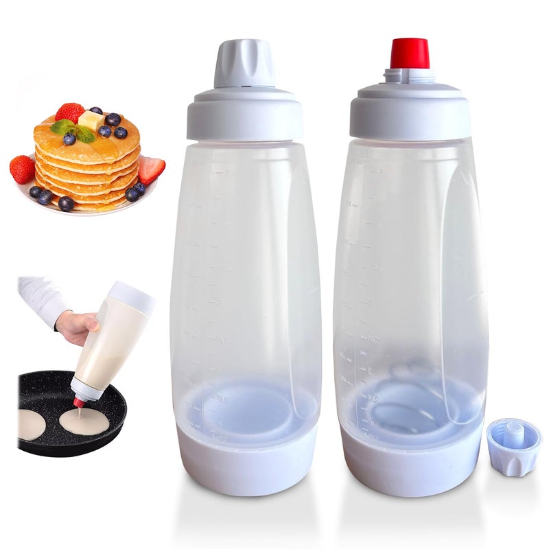 KBBYT 2 Packs of Pancake Batter Dispenser,1000ml Squeeze Pancake Dispenser Mixer Bottle with Stainless Steel wire whisk Ball,Suitable for Pancakes Crepes Waffle Muffins Qatayef Cupcak - Image 1