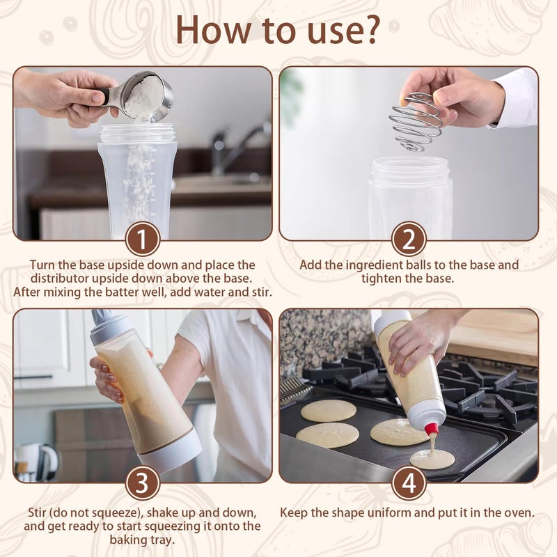 KBBYT 2 Packs of Pancake Batter Dispenser,1000ml Squeeze Pancake Dispenser Mixer Bottle with Stainless Steel wire whisk Ball,Suitable for Pancakes Crepes Waffle Muffins Qatayef Cupcak - Image 4