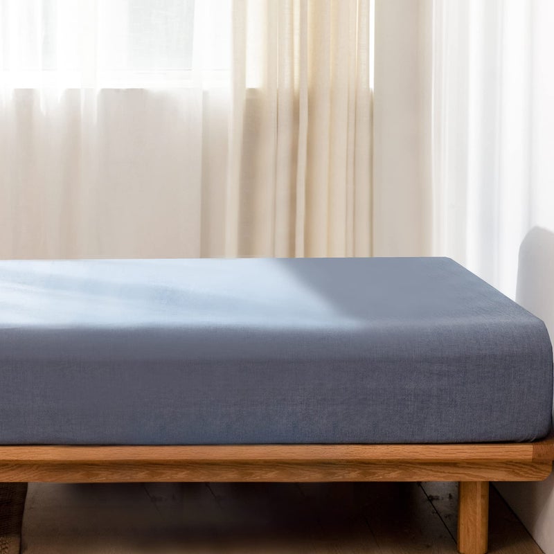 MooMee Fitted Bottom Sheet Only 100% Washed Cotton Linen Like Textured Breathable Durable Soft Comfy Deep Pocket Fits Mattress up to 17"" (Blue  Twin) - Image 2