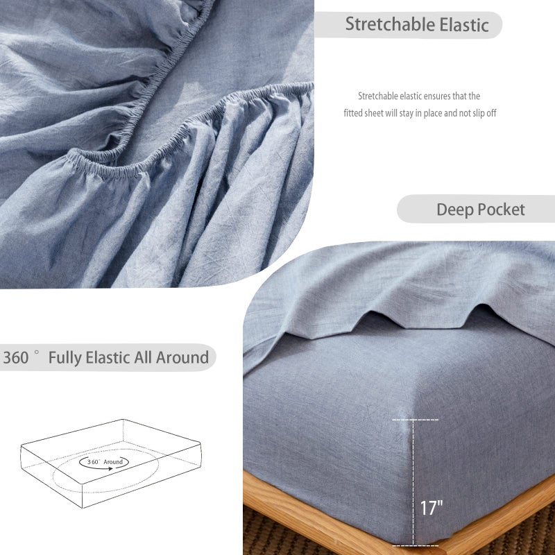 MooMee Fitted Bottom Sheet Only 100% Washed Cotton Linen Like Textured Breathable Durable Soft Comfy Deep Pocket Fits Mattress up to 17"" (Blue  Twin) - Image 4
