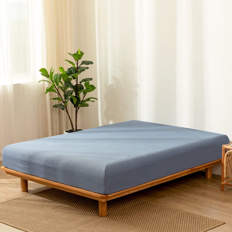 MooMee Fitted Bottom Sheet Only 100% Washed Cotton Linen Like Textured Breathable Durable Soft Comfy Deep Pocket Fits Mattress up to 17"" (Blue  Twin) - Image 3