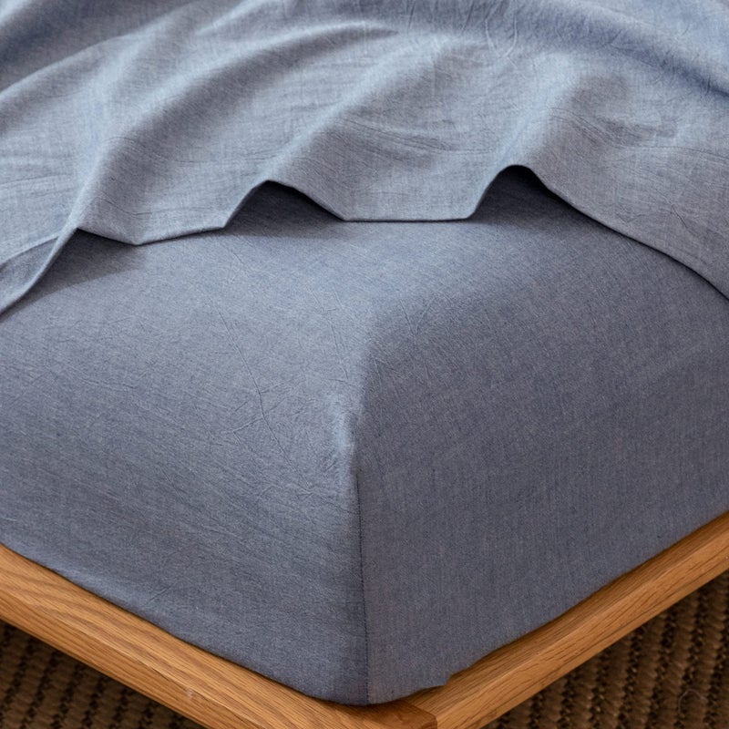 MooMee Fitted Bottom Sheet Only 100% Washed Cotton Linen Like Textured Breathable Durable Soft Comfy Deep Pocket Fits Mattress up to 17"" (Blue  Twin) - Image 1