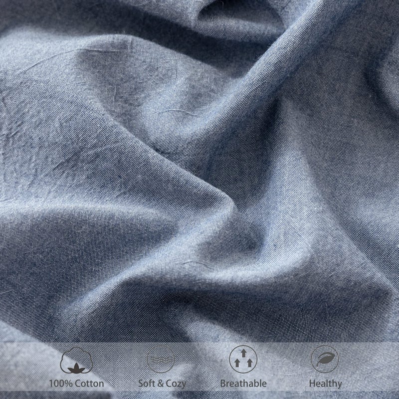 MooMee Fitted Bottom Sheet Only 100% Washed Cotton Linen Like Textured Breathable Durable Soft Comfy Deep Pocket Fits Mattress up to 17"" (Blue  Twin) - Image 5