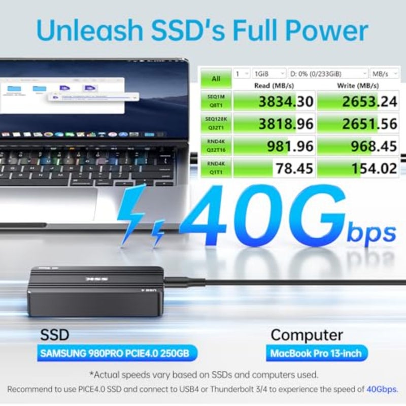 حاوية SSK 40 جيجابت في الثانية M.2 NVMe SSD، علبة USB 4 NVMe USB C لـ Thunderbolt 3/4، حاوية خارجية M2 تدعم 2280/2260/2242/2230 SSD، مفتاح M مع مؤشر LED، ألومنيوم - Image 3