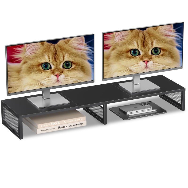 Gugsey Dual Computer Monitor Stand Riser, Desk Organizers and Accessories, Printer & TV Stand, Desk Shelf, Office Desk Accessories & Desktop Workspace Organizer for Office Supplies, Black - Image 1