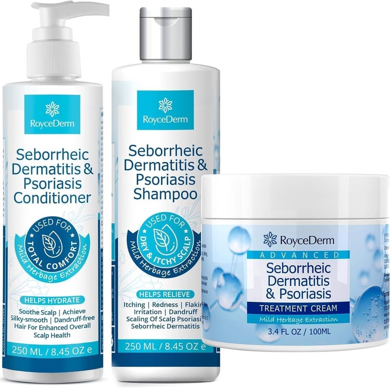 Roycederm Seborrheic Dermatitis & Psoriasis Cream, Shampoo and Conditioner Set - Scalp Therapy System for Folliculitis, Psoriasis, Dandruff, Dry Scalp - Scalp Treatment to Relieve Itching, Flaking, Irritation - Image 1