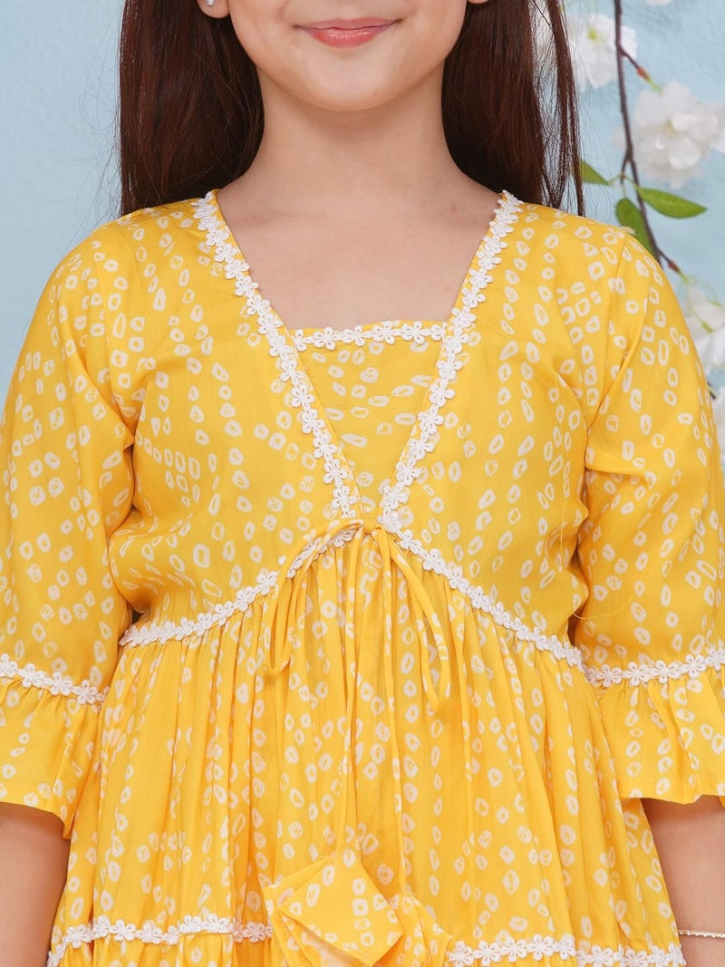 Preneum Girl's Cotton Rayon Bandhani & Lahariya Printed Angrakha Kurta with Sharara & Dupatta, Yellow, 11 Years-12 Years - Image 3