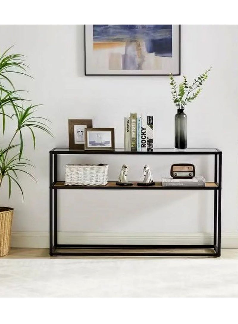 Living Rectangular Two-Storey Console Table Glass Top Metal Frame - Image 1
