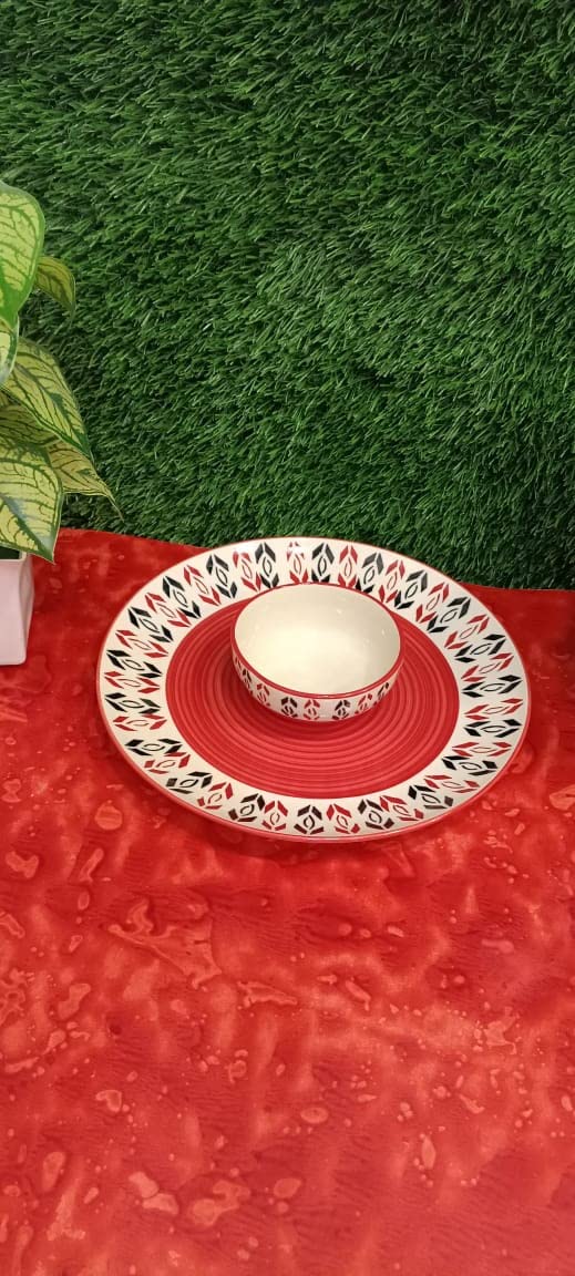 Caffeine Ceramic Handmade Orange Arrow Pattern Combo Dinner Set (2 pcs.) - Image 1